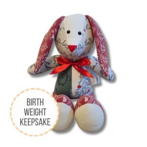 Birth weight bunny keepsake, made from baby clothes.