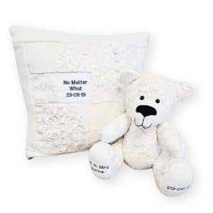 Memory bear and cushion made from wedding dress.