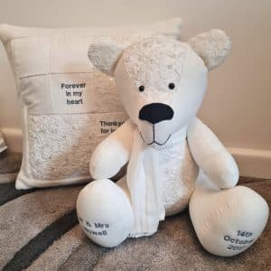 wedding dress transformed into cushion and bear